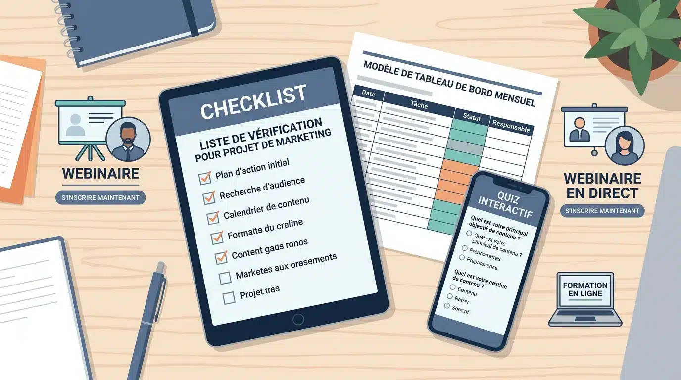 Différents formats de lead magnet posés sur un bureau : checklist, modèle, quiz et webinaire
