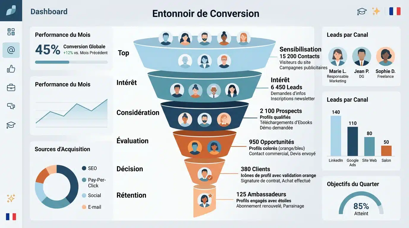 Tableau de bord montrant un entonnoir de conversion et des leads qualifiés