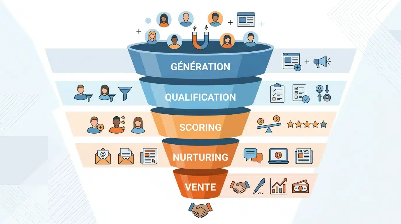 Entonnoir illustrant les étapes clés du processus de lead management