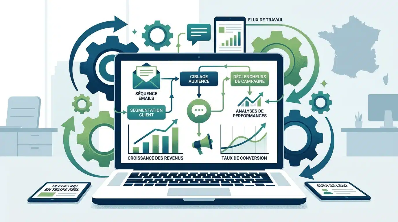 Illustration d'un dispositif d'automatisation marketing avec workflows et courbes de performance
