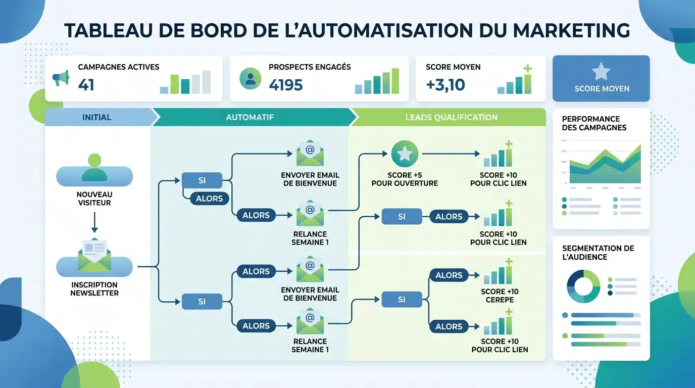 Schéma illustré d'un workflow d'automatisation marketing avec scénarios et scoring