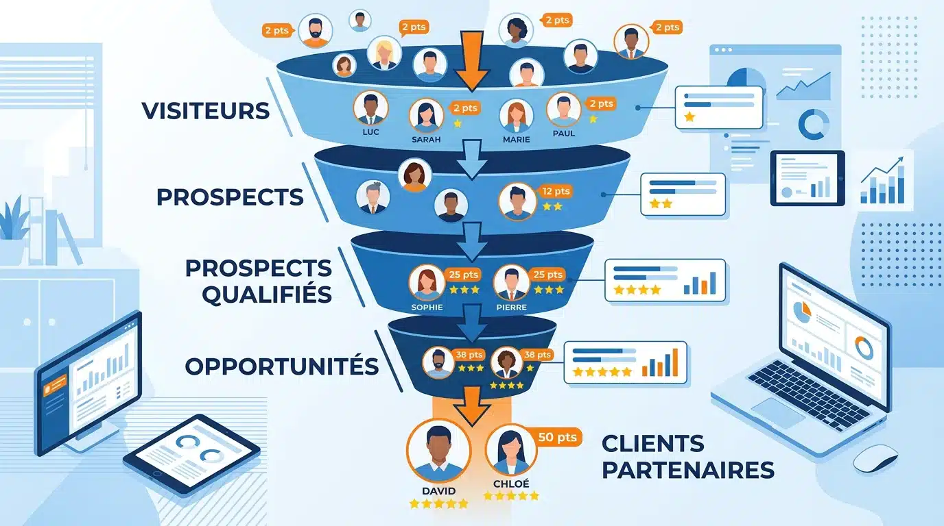 Illustration d'un entonnoir de lead nurturing avec scoring des prospects