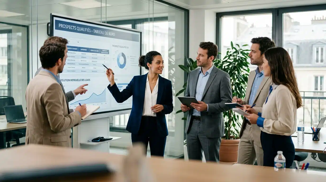 Équipe commerciale B2B analysant des leads qualifiés sur écran