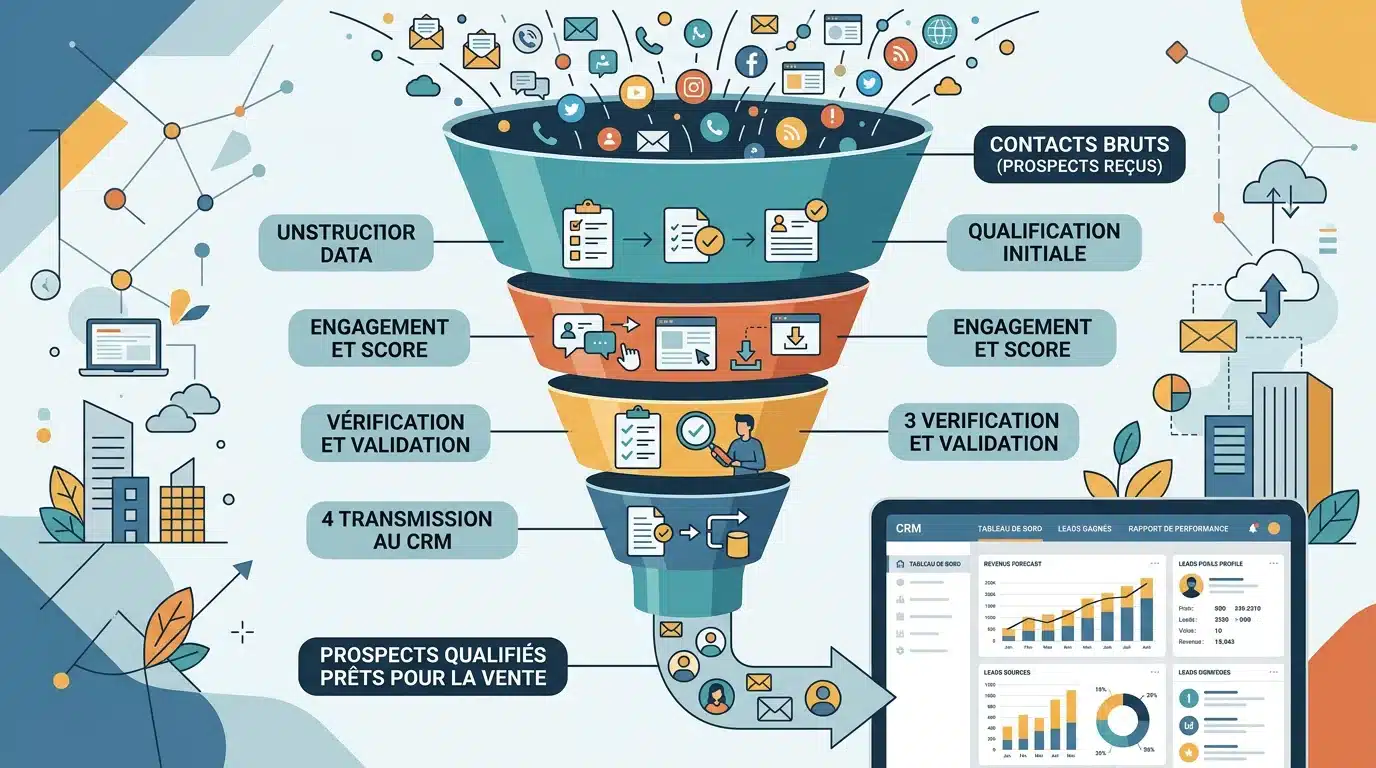 Schéma du tunnel de préqualification des leads jusqu'au CRM