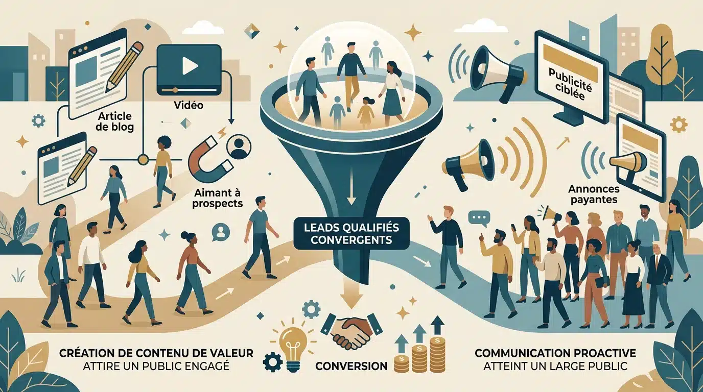 Illustration des stratégies inbound et outbound convergeant vers des leads qualifiés
