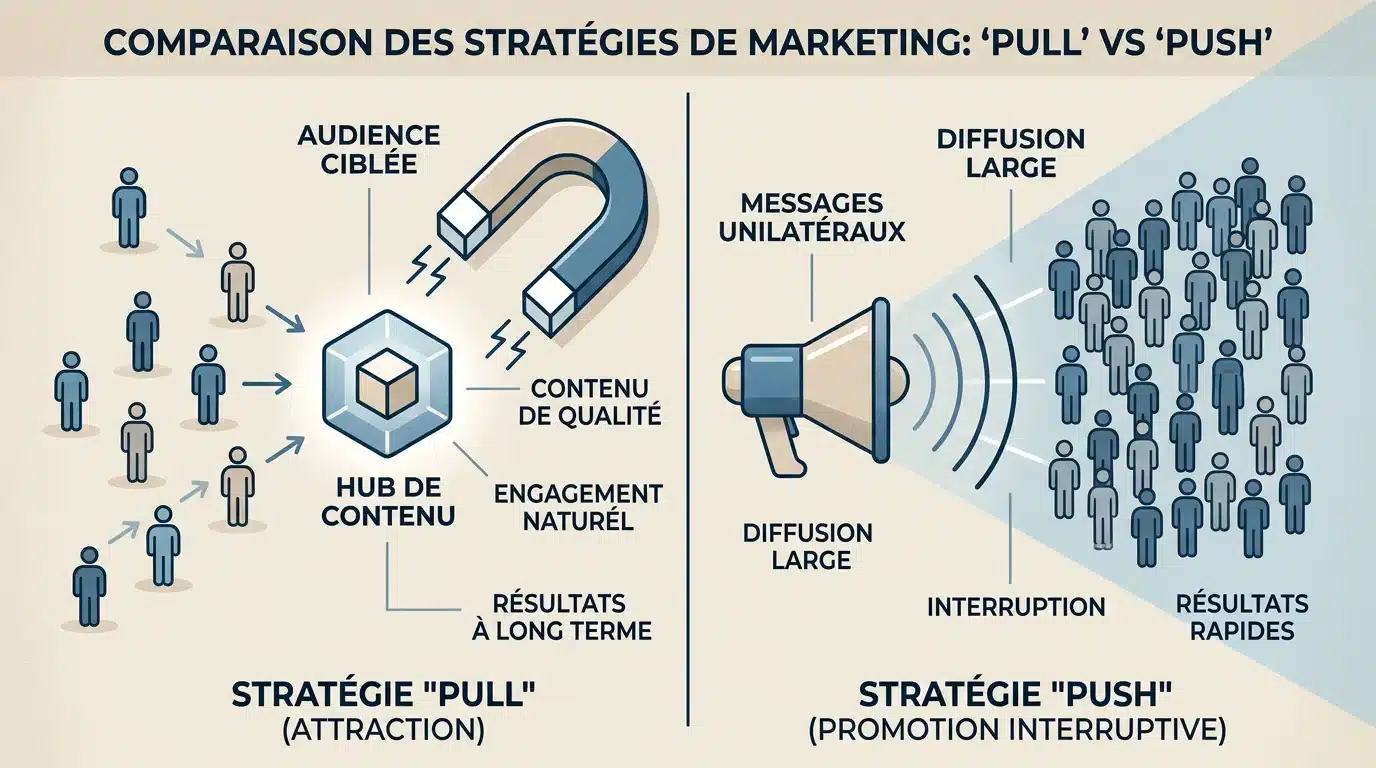 Schéma comparant l'attraction inbound et la diffusion outbound