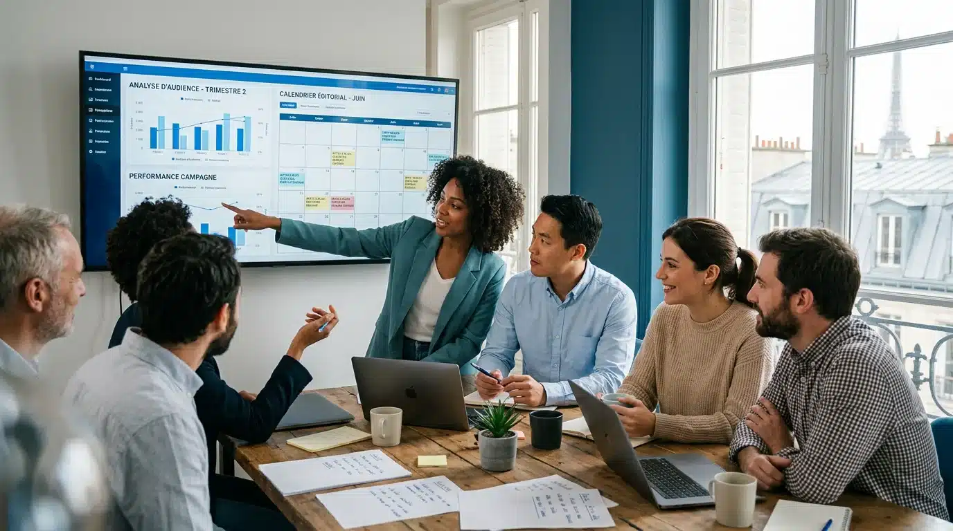 Équipe marketing pilotant une stratégie mixte inbound et outbound