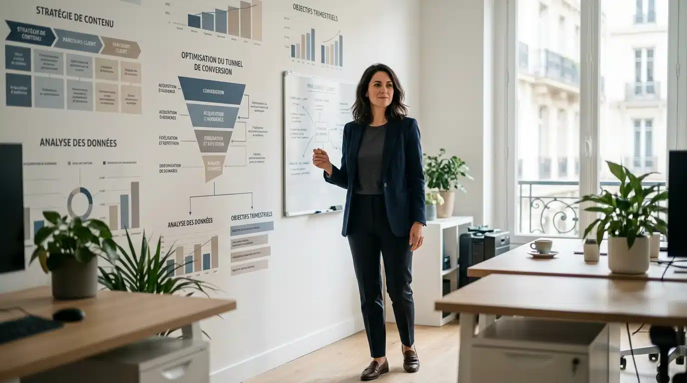 Stratège marketing devant un tableau de stratégie de contenu inbound