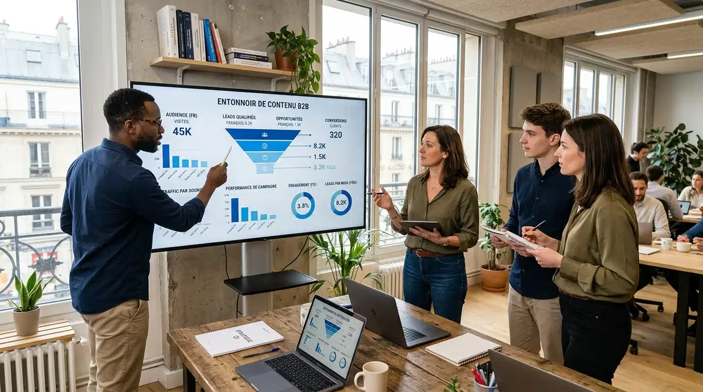 Équipe marketing B2B analysant un tunnel de conversion sur écran
