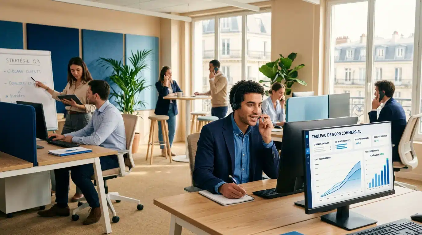 Équipe commerciale traitant des leads qualifiés dans un bureau moderne
