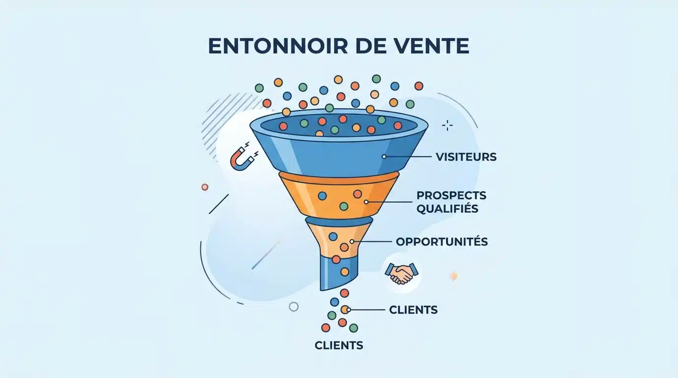 Illustration conceptuelle d'un funnel de ventes convertissant des prospects en clients