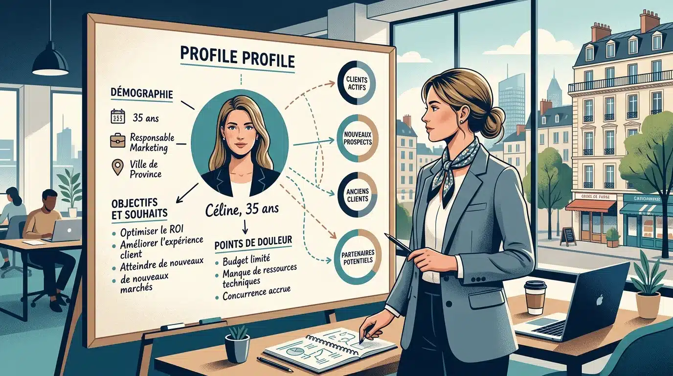 Marketeur construisant un buyer persona détaillé sur un tableau