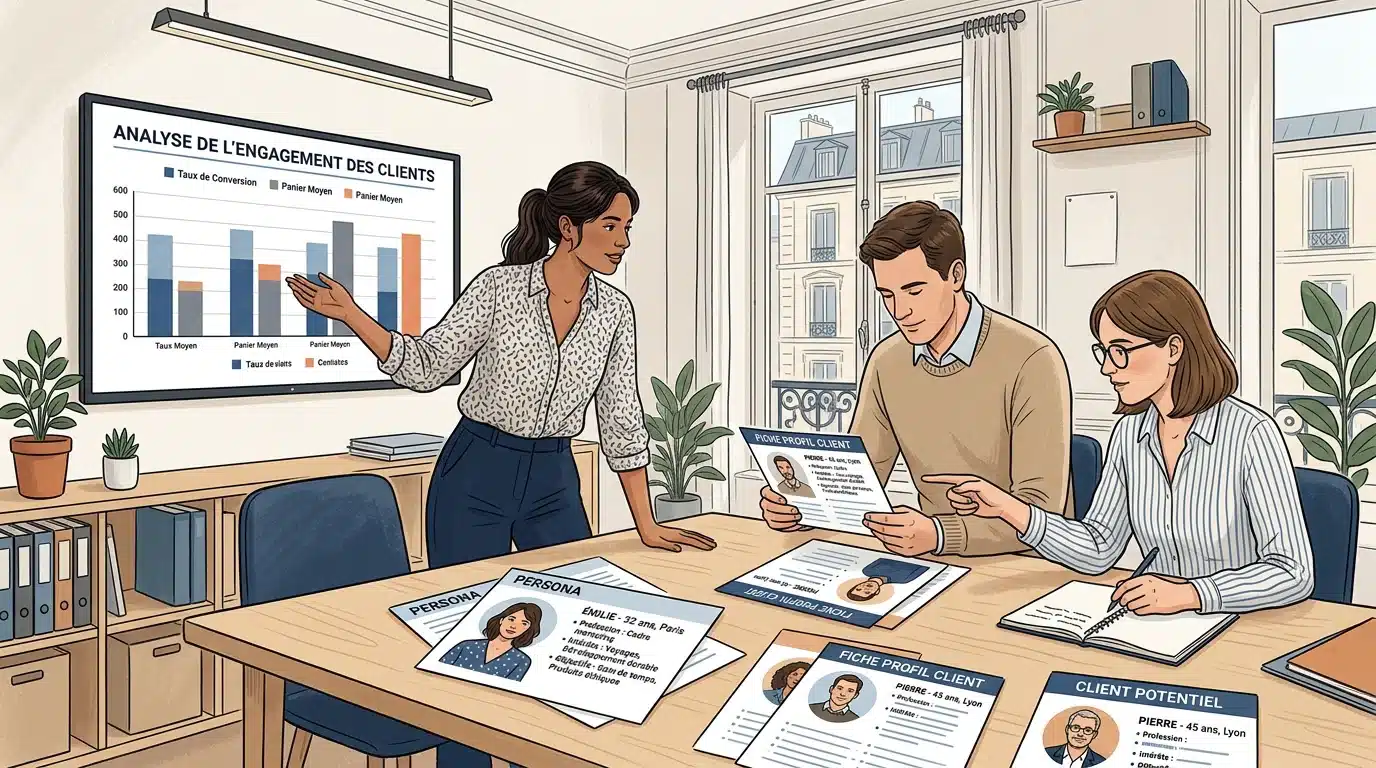 Équipe marketing analysant des fiches de buyer persona en réunion