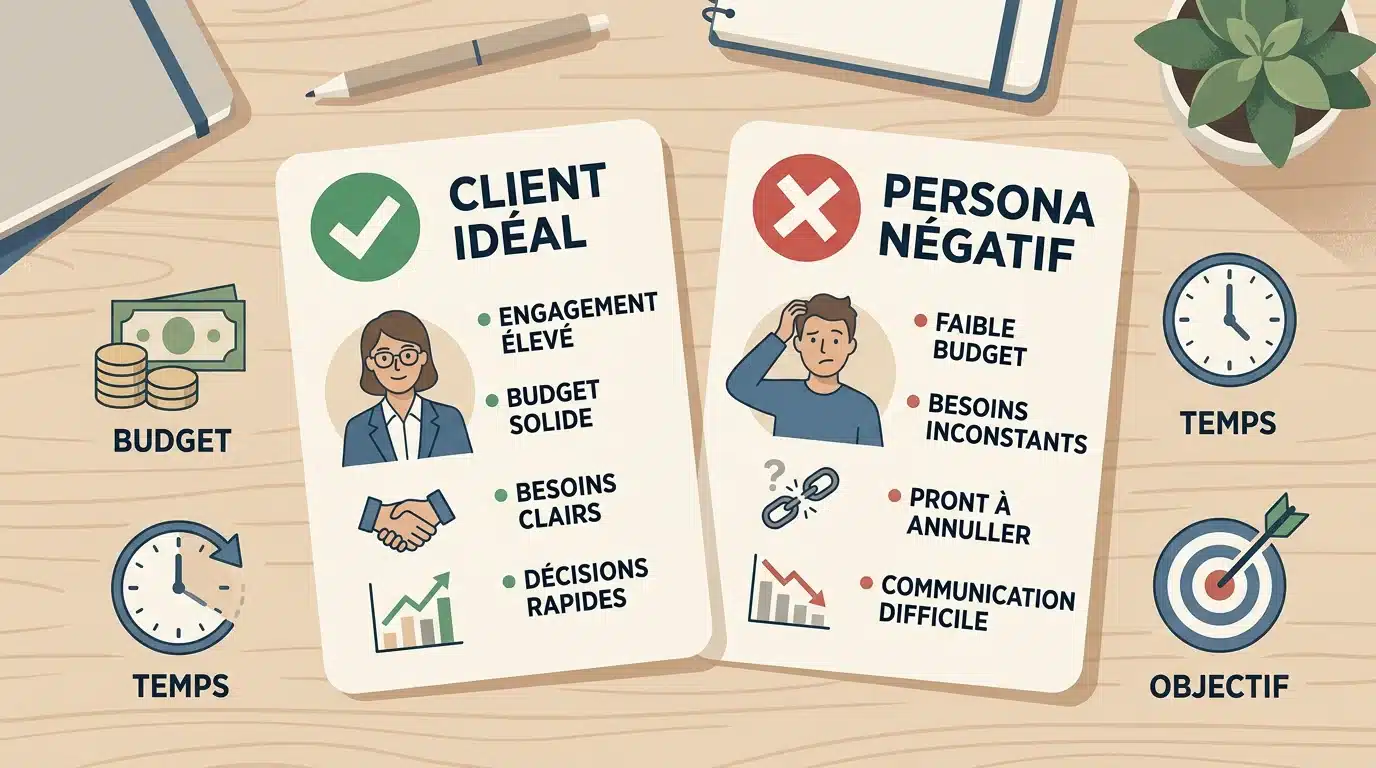 Comparaison entre persona idéal et persona négatif sur un bureau