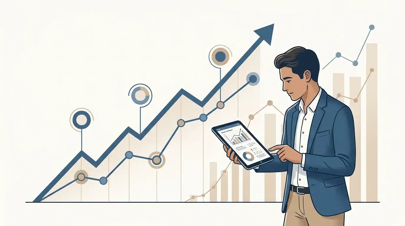 Concept de valeur vie client illustré par une courbe de croissance et des points de contact récurrents