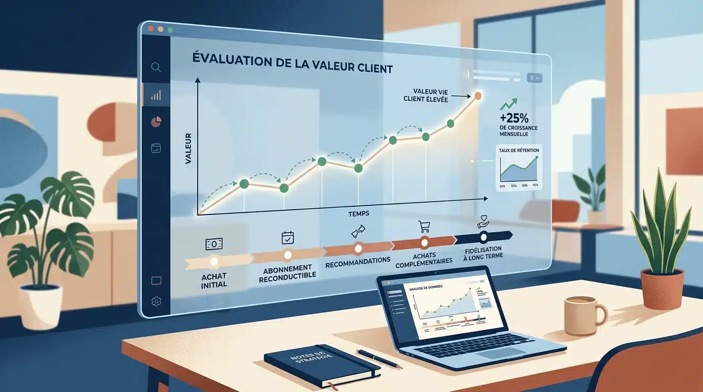Représentation de la valeur vie client sur une courbe de croissance dans le temps