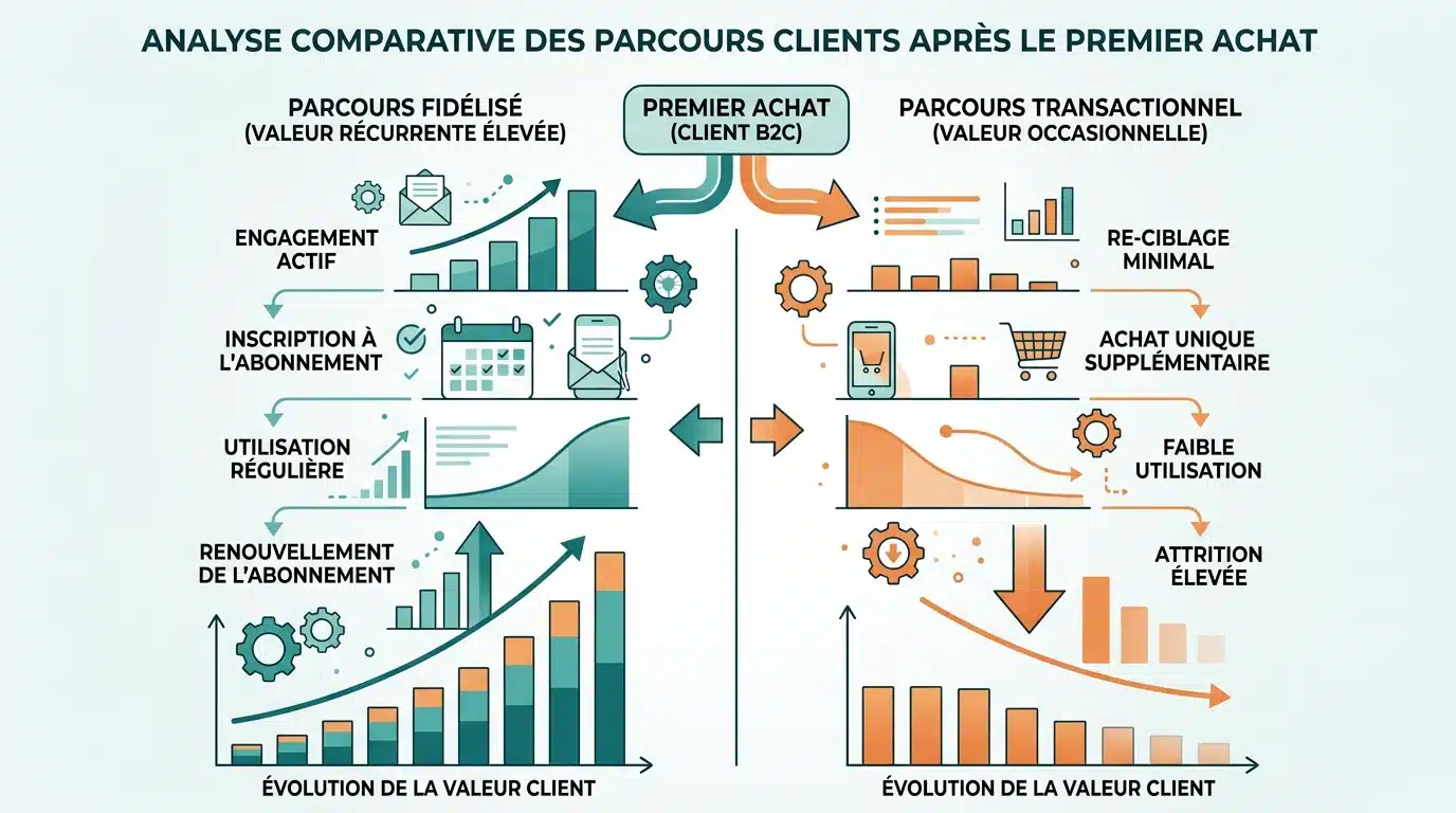 Comparaison de la valeur vie client selon le type de premier achat