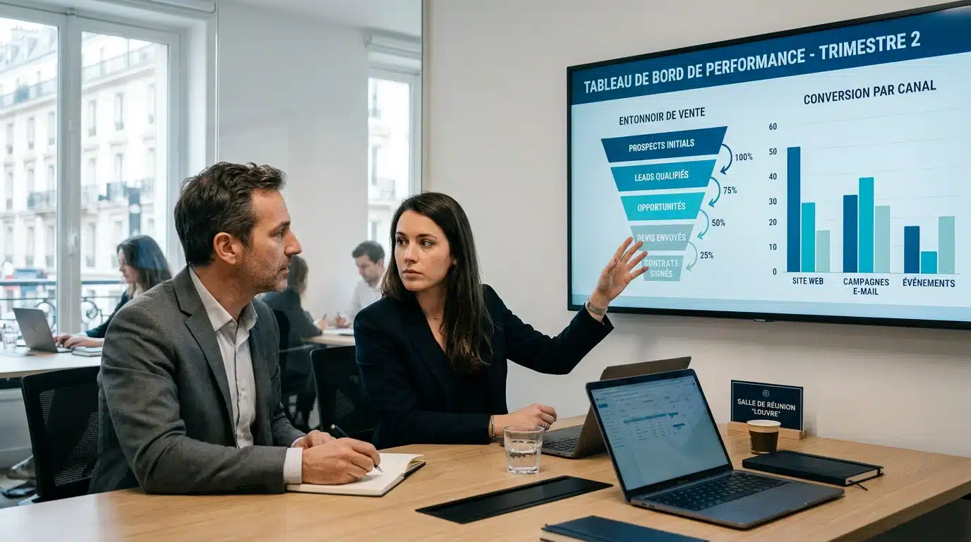 Deux professionnels analysant un tableau de bord de performance commerciale