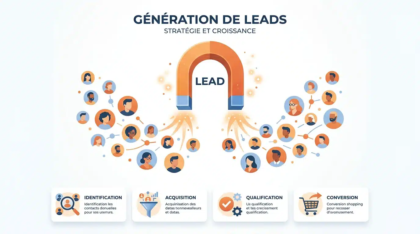 Illustration d'un aimant attirant des contacts commerciaux, symbolisant un lead