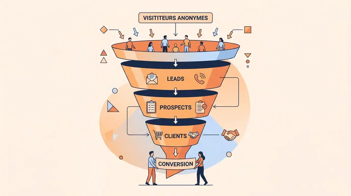 Schéma du tunnel de conversion, du visiteur au lead puis au client