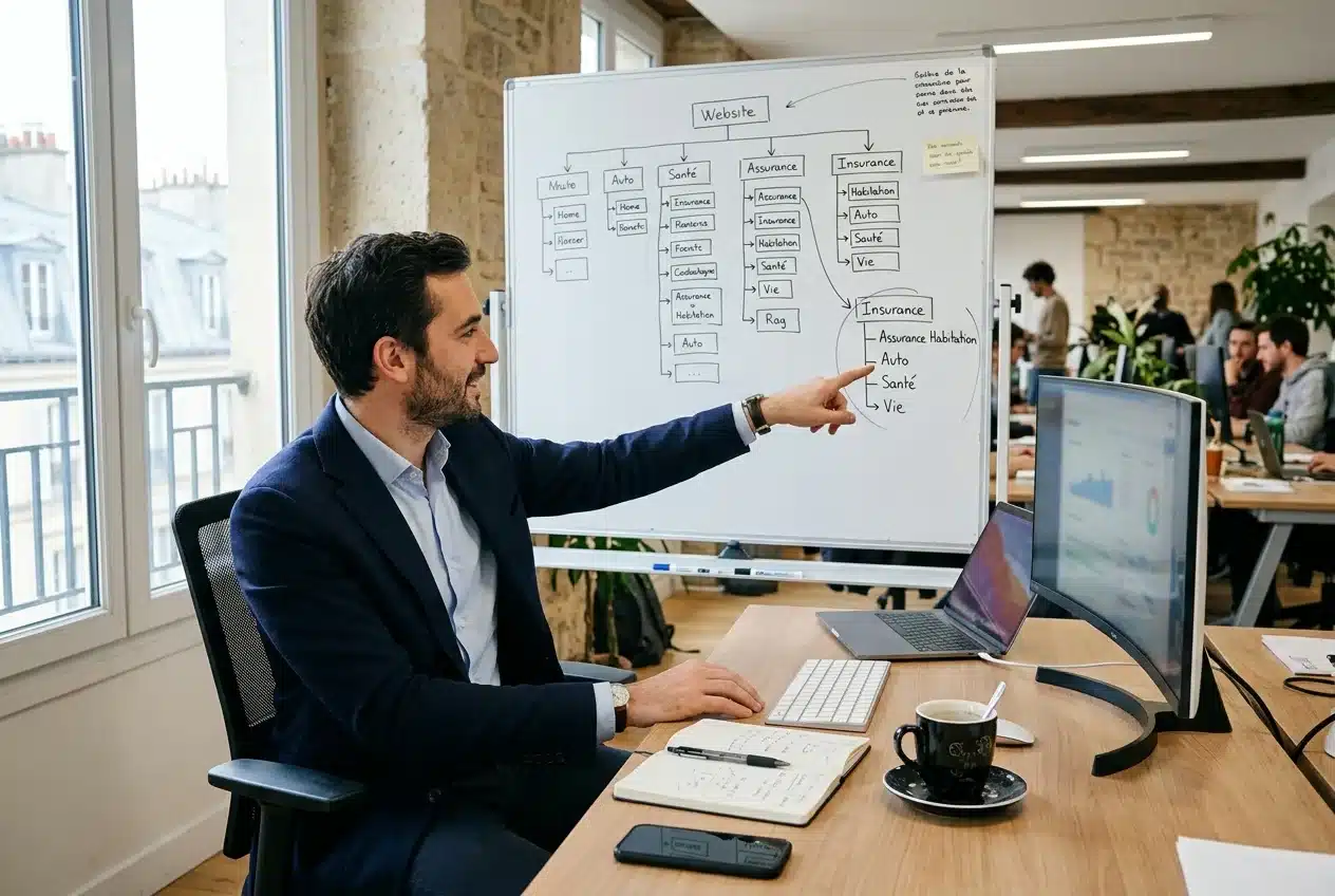 Consultant pointant un schéma d'arborescence de pages web dessiné sur tableau blanc dans un bureau lumineux