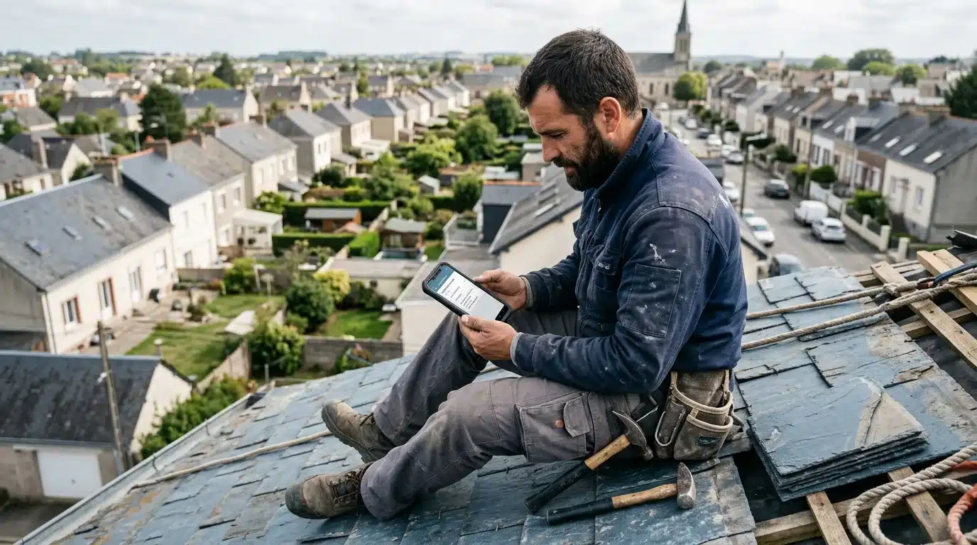 Couvreur recevant une demande de devis sur smartphone depuis son site internet