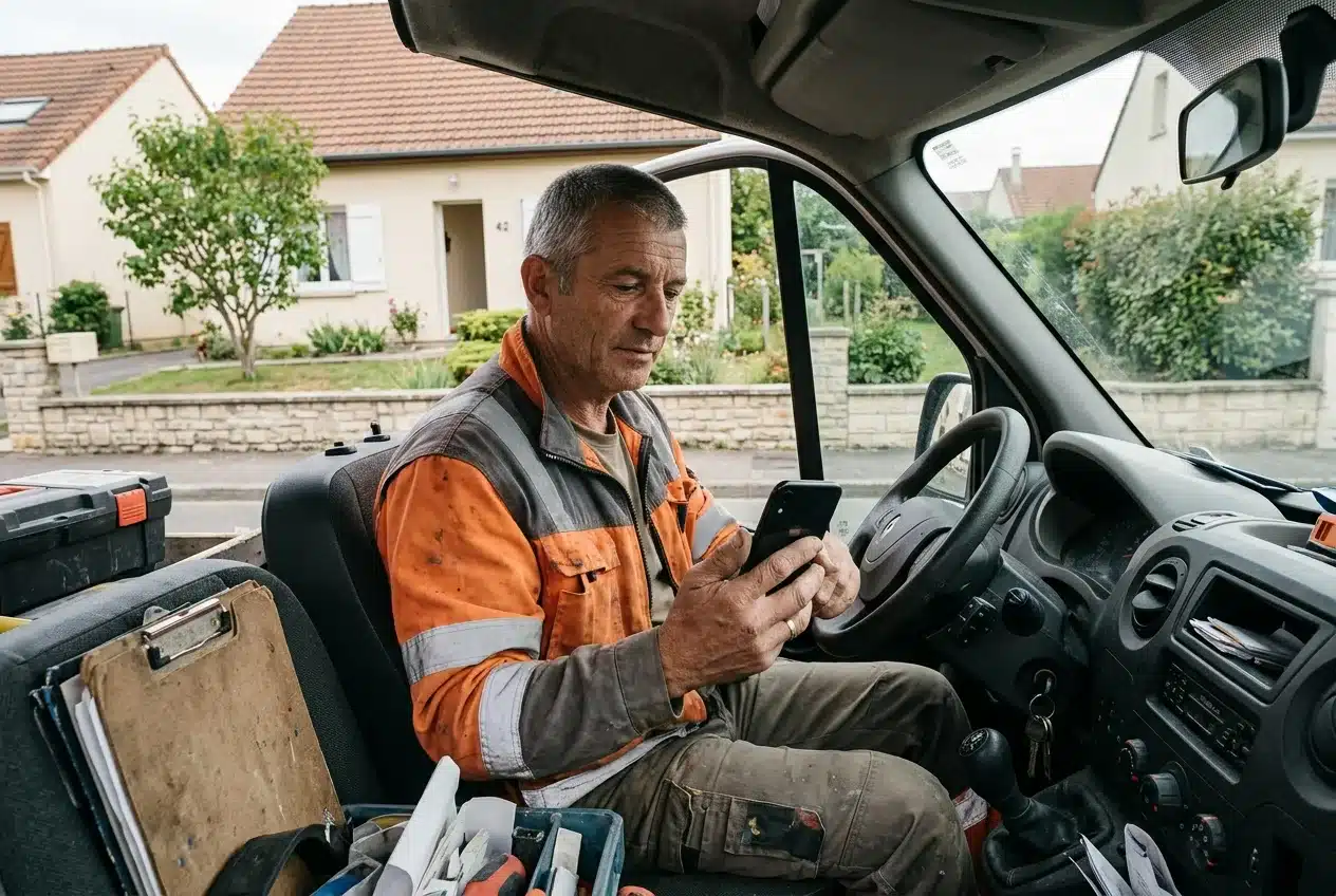 Couvreur consultant sa fiche Google depuis son téléphone dans sa camionnette, devant une maison individuelle