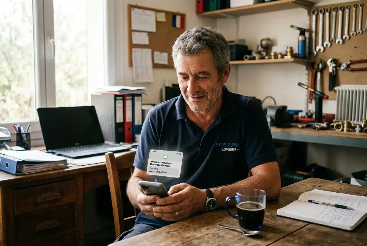 Artisan chauffagiste consultant une notification de demande de devis sur son smartphone