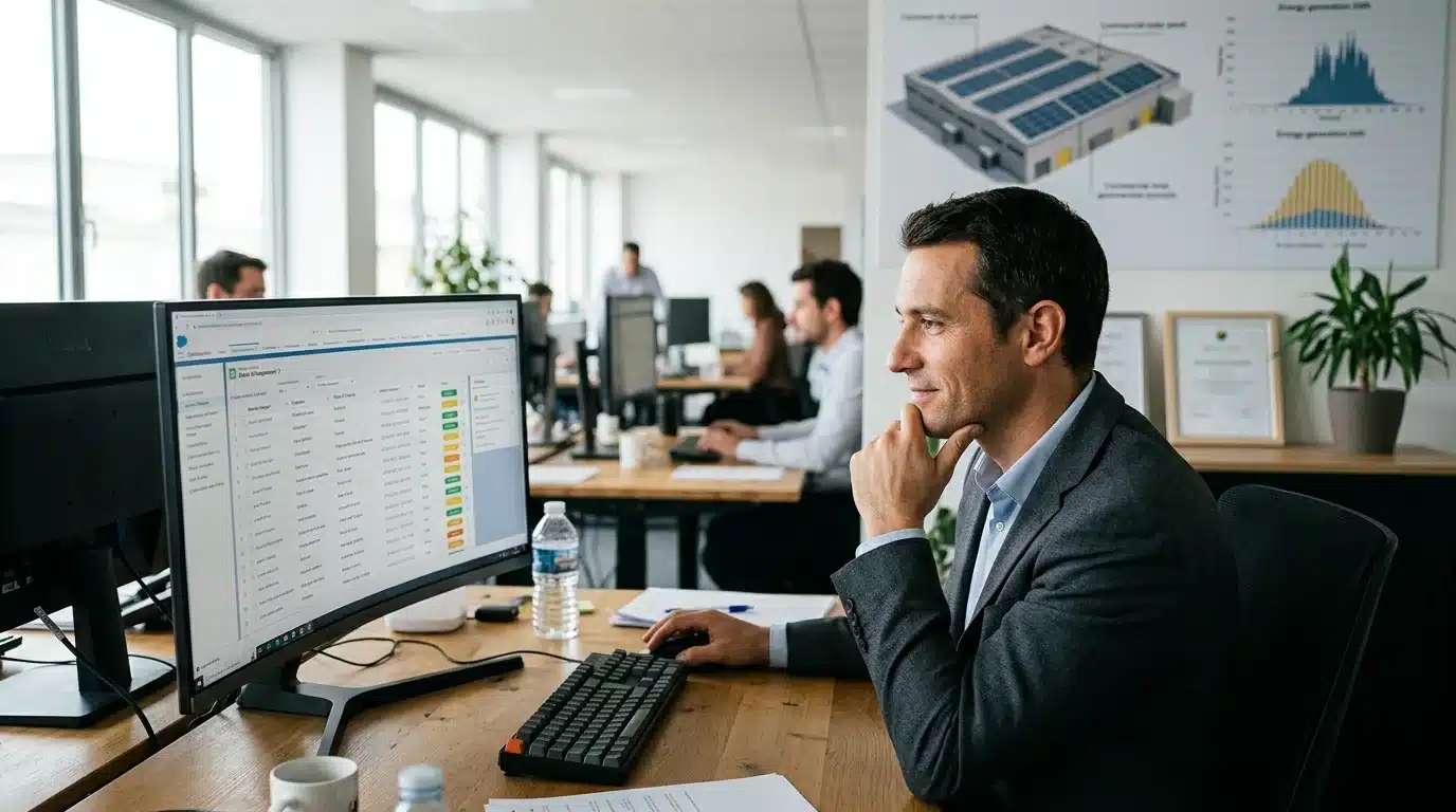 Commercial installateur solaire consultant une liste de leads qualifiés sur son CRM
