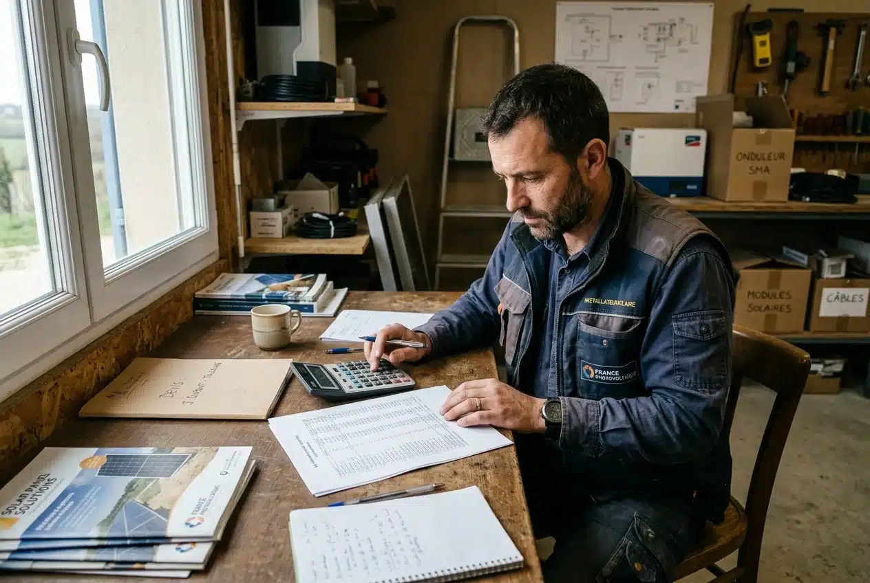 Installateur solaire qui calcule son retour sur investissement avec une calculatrice et des documents chiffrés sur sa table de travail
