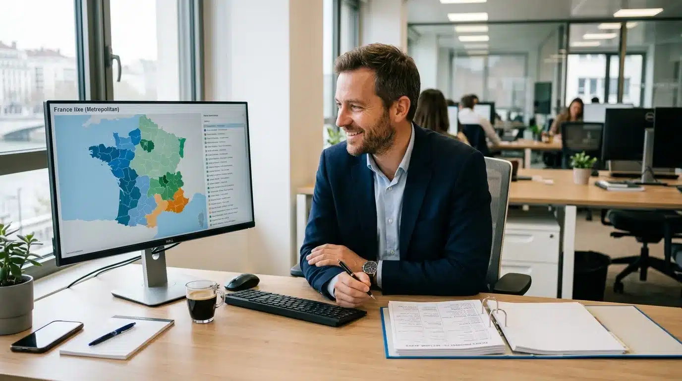Commercial installateur photovoltaïque consultant des leads qualifiés sur écran avec carte géographique