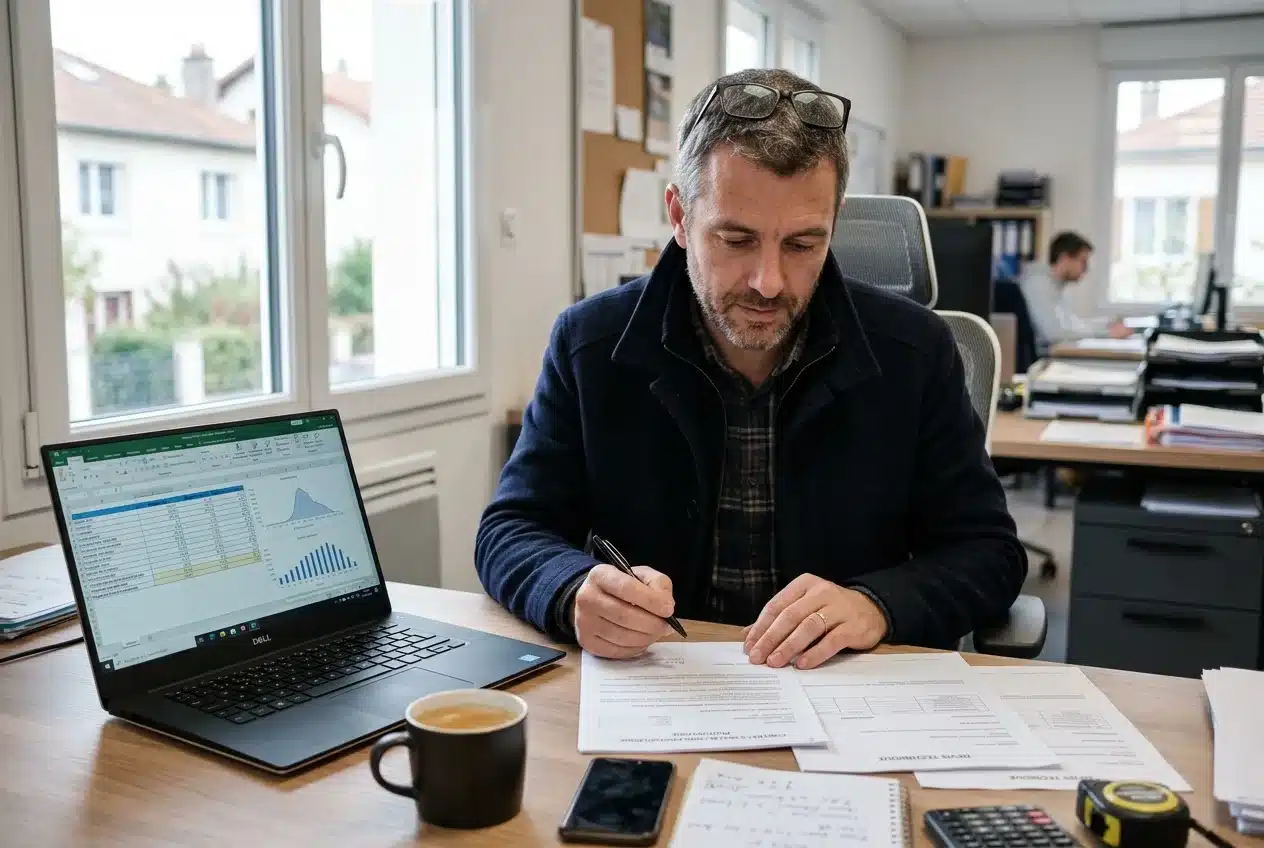 Un installateur photovoltaïque examine des documents contractuels à son bureau avant de choisir un prestataire de leads