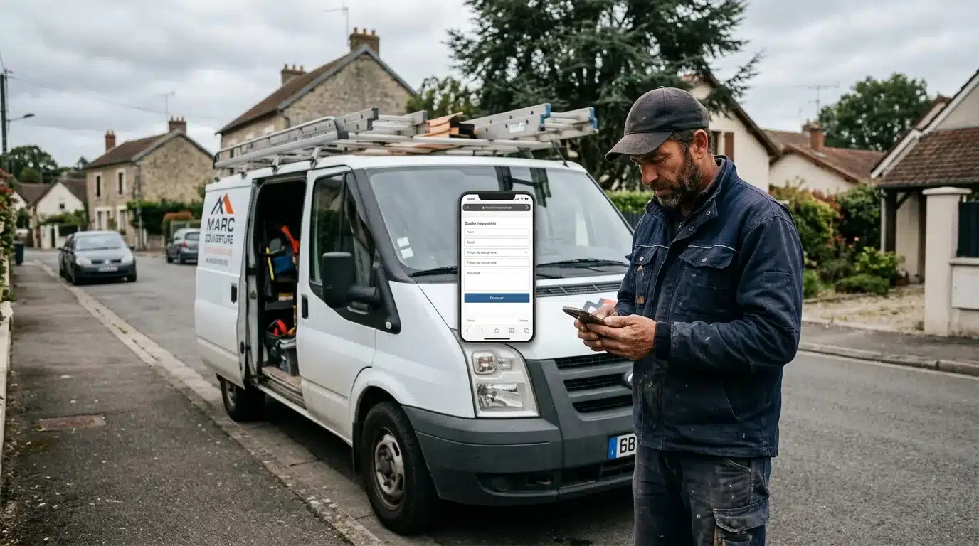 Artisan couvreur consultant un site internet professionnel avec formulaire de devis sur mobile