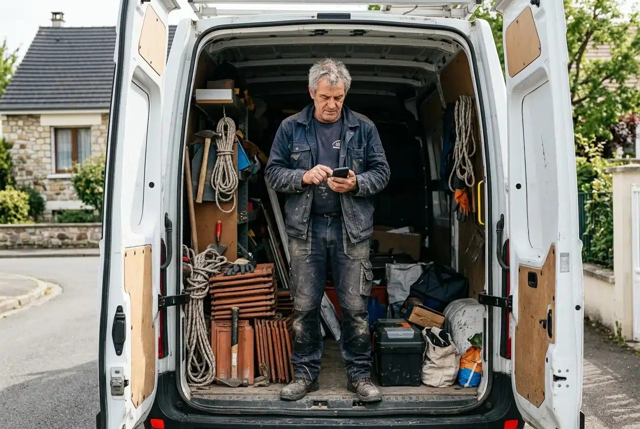 Couvreur consultant son téléphone portable depuis sa camionnette de chantier devant une maison individuelle